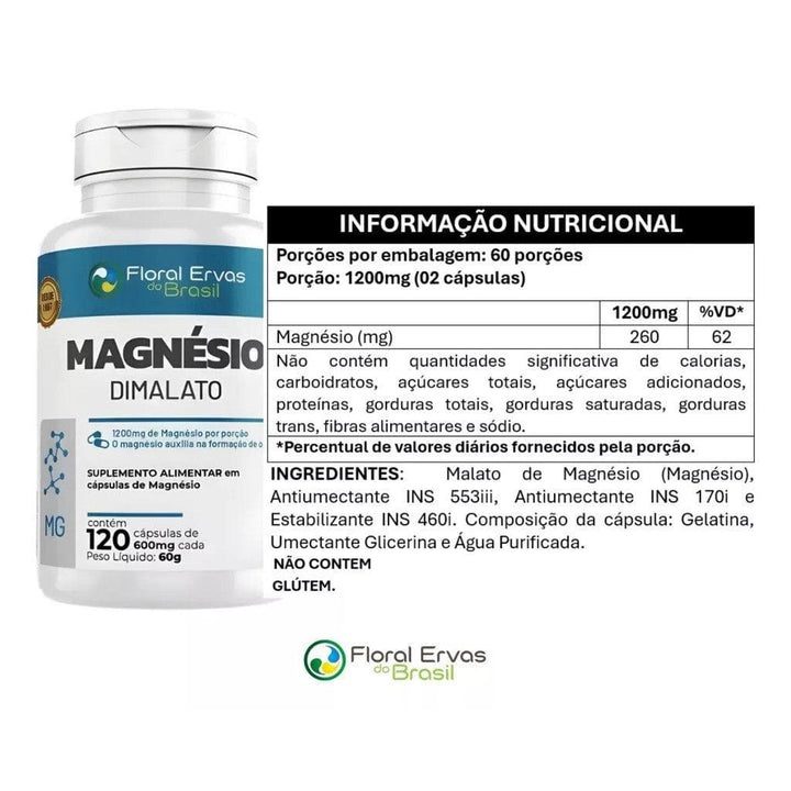Kit 2x Magnésio Dimalato 600mg Floral Ervas - Total 240 Caps - Apple Hapy 